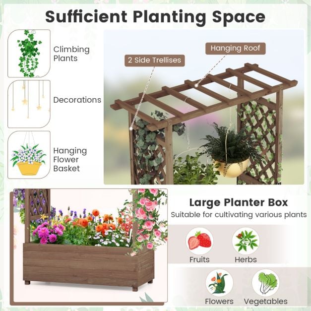 Raised Garden Bed Fir Wood Planter Box with 2-Sided Trellis and Hanging Roof