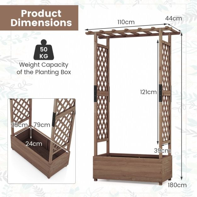 Raised Garden Bed Fir Wood Planter Box with 2-Sided Trellis and Hanging Roof