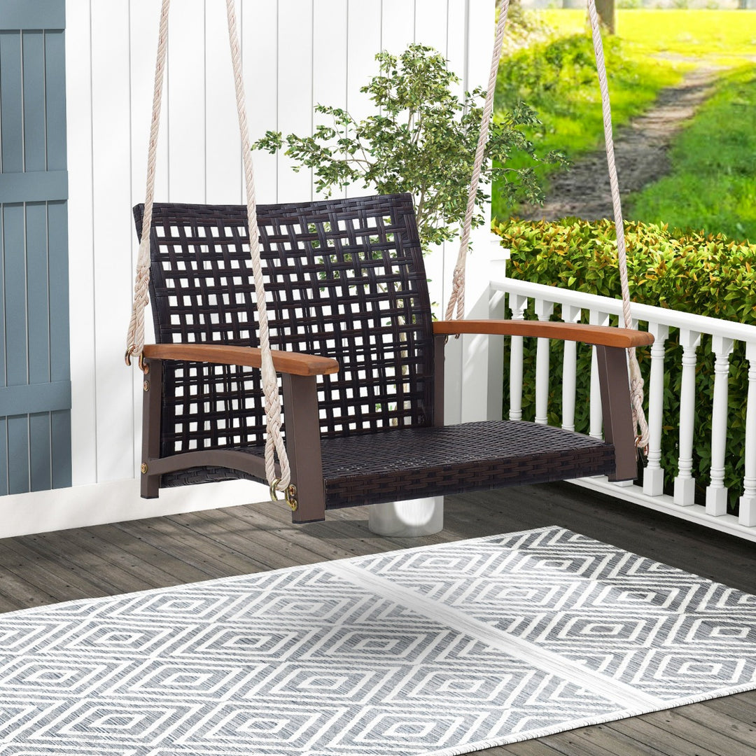 Rattan Porch Swing with Acacia Wood Armrests