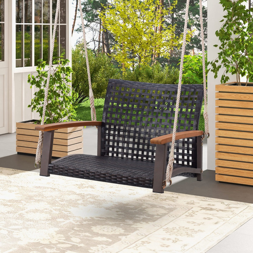 Rattan Porch Swing with Acacia Wood Armrests