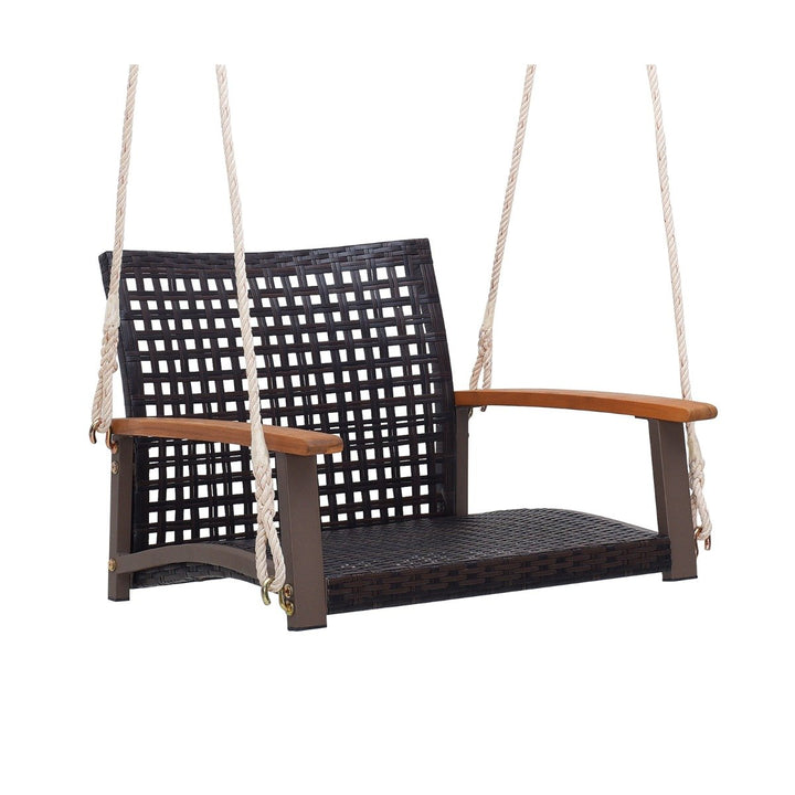 Rattan Porch Swing with Acacia Wood Armrests