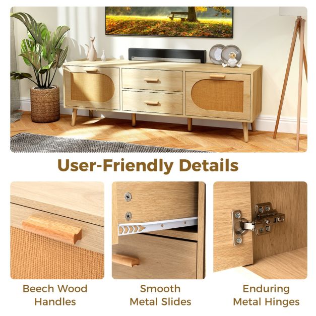 Rattan TV Stand for 65-Inch TV with Drawers and Solid Wood Legs-Natural