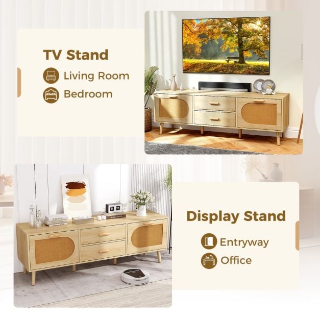Rattan TV Stand for 65-Inch TV with Drawers and Solid Wood Legs-Natural