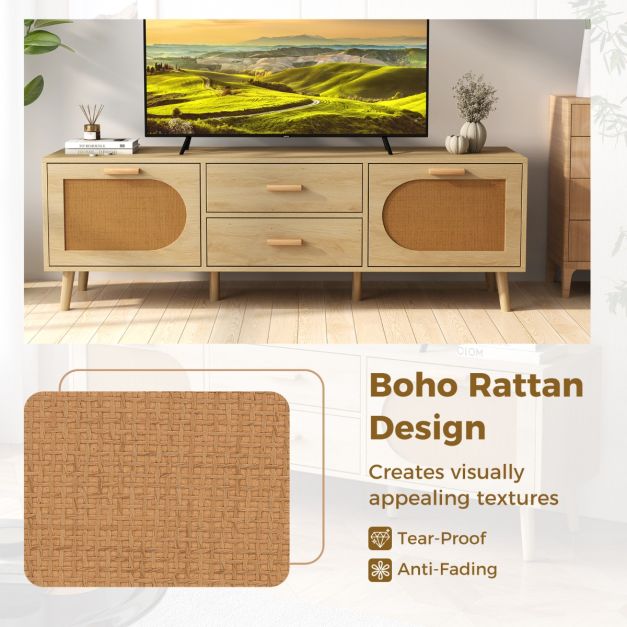Rattan TV Stand for 65-Inch TV with Drawers and Solid Wood Legs-Natural