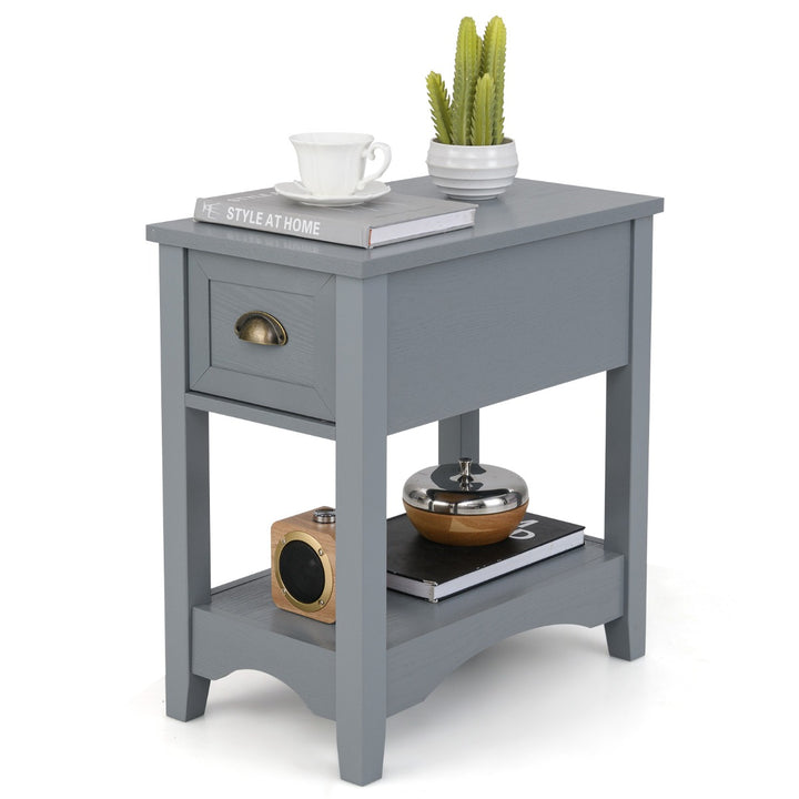 Rectangular Nightstand with 1 Drawer 1 Storing Shelf and 4 Solid Rubber wood Legs