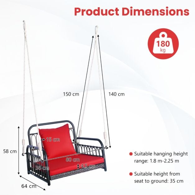 Hanging Porch Swing Chair with Back & Seat Cushion-Red - TidySpaces