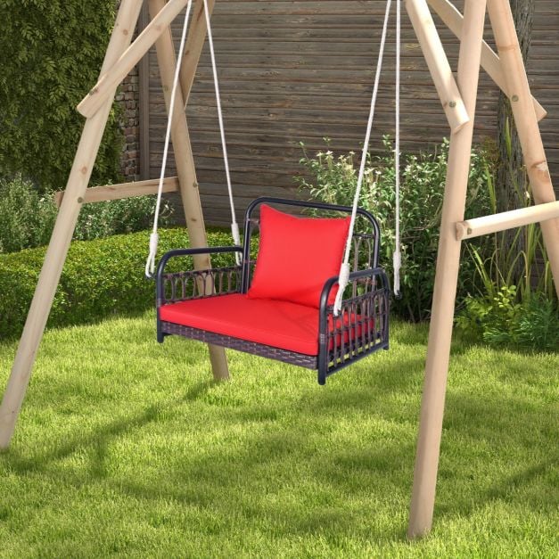 Hanging Porch Swing Chair with Back & Seat Cushion-Red - TidySpaces