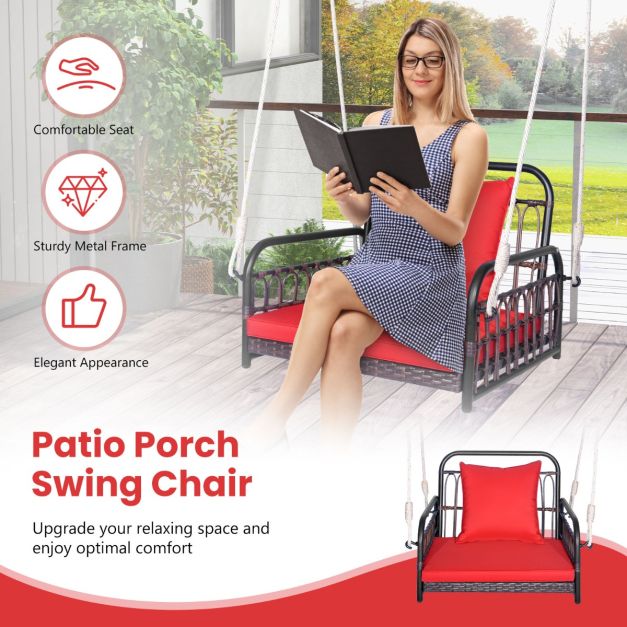 Hanging Porch Swing Chair with Back & Seat Cushion-Red - TidySpaces