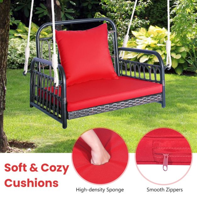 Hanging Porch Swing Chair with Back & Seat Cushion-Red - TidySpaces