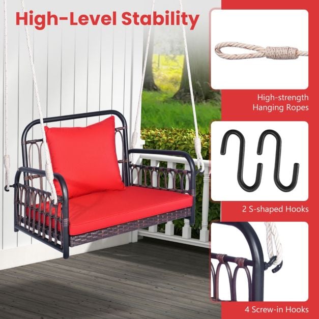Hanging Porch Swing Chair with Back & Seat Cushion-Red - TidySpaces