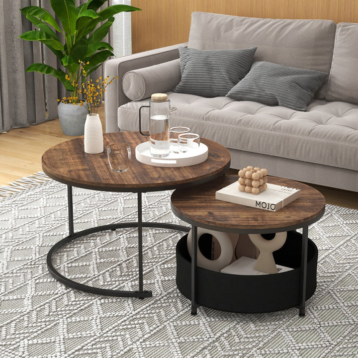 Round Coffee Table Set of 2 Circle Cocktail Table with Storage Basket - TidySpaces