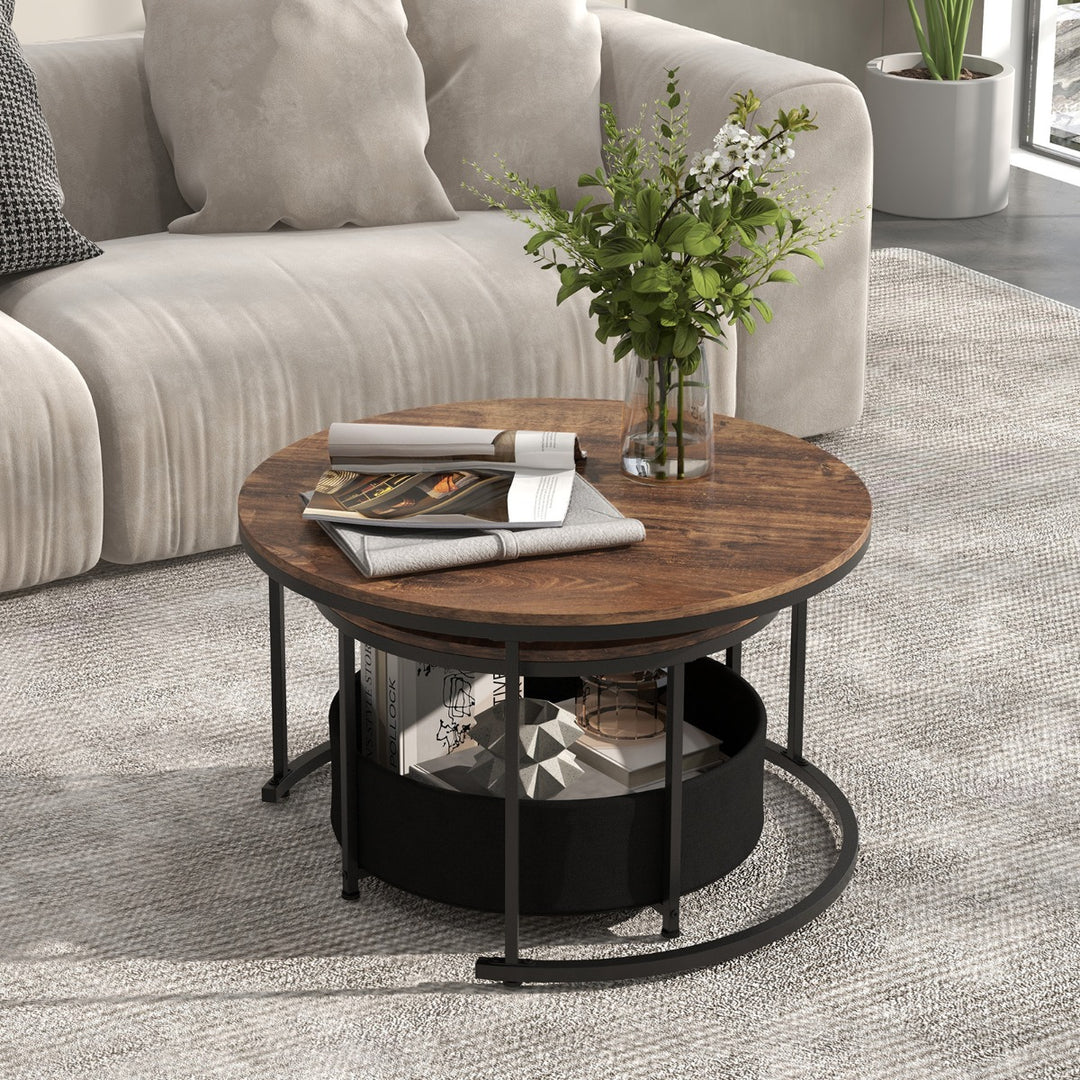 Round Coffee Table Set of 2 Circle Cocktail Table with Storage Basket - TidySpaces