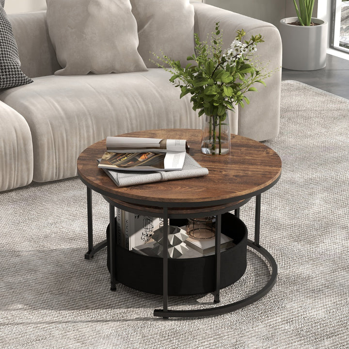 Round Coffee Table Set of 2 Circle Cocktail Table with Storage Basket - TidySpaces