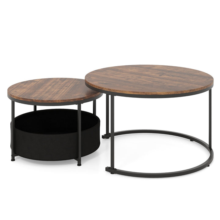 Round Coffee Table Set of 2 Circle Cocktail Table with Storage Basket - TidySpaces