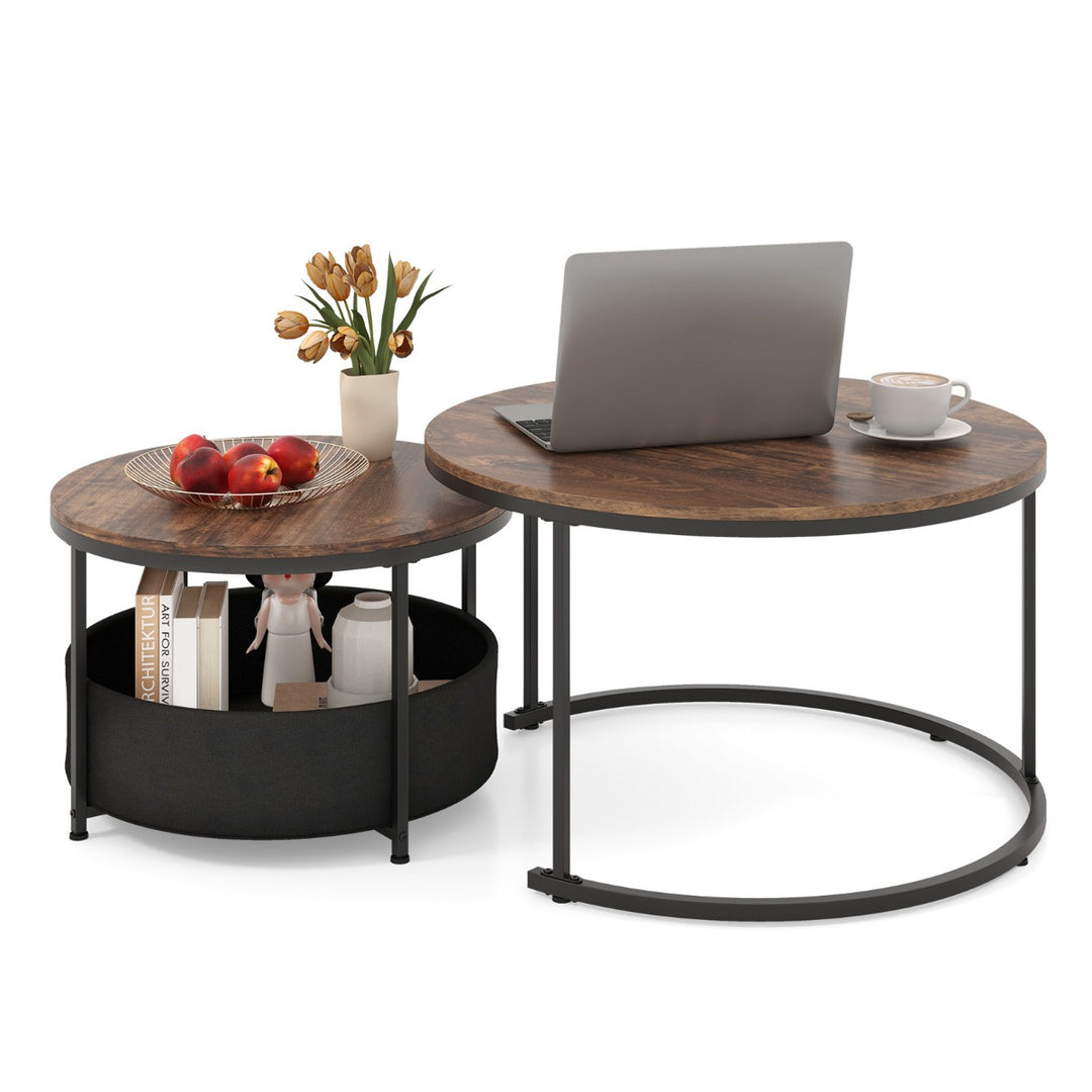 Round Coffee Table Set of 2 Circle Cocktail Table with Storage Basket - TidySpaces