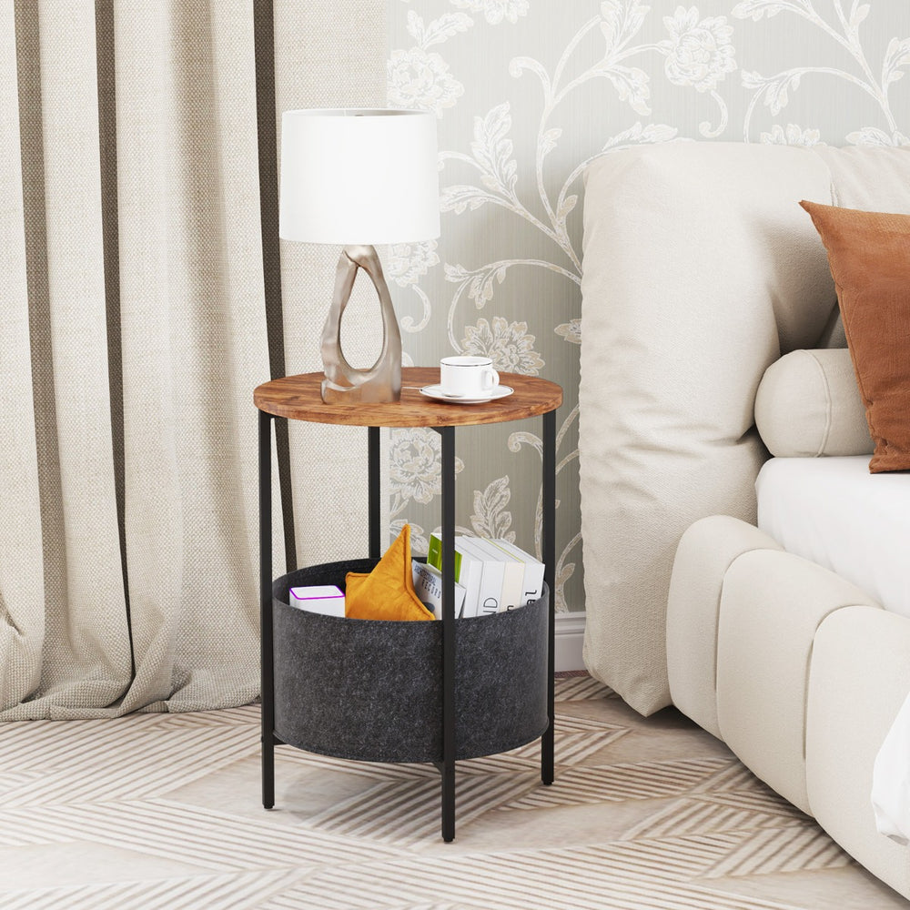 Round End Table for Small Space with Removable Fabric Basket and Metal Frame - TidySpaces