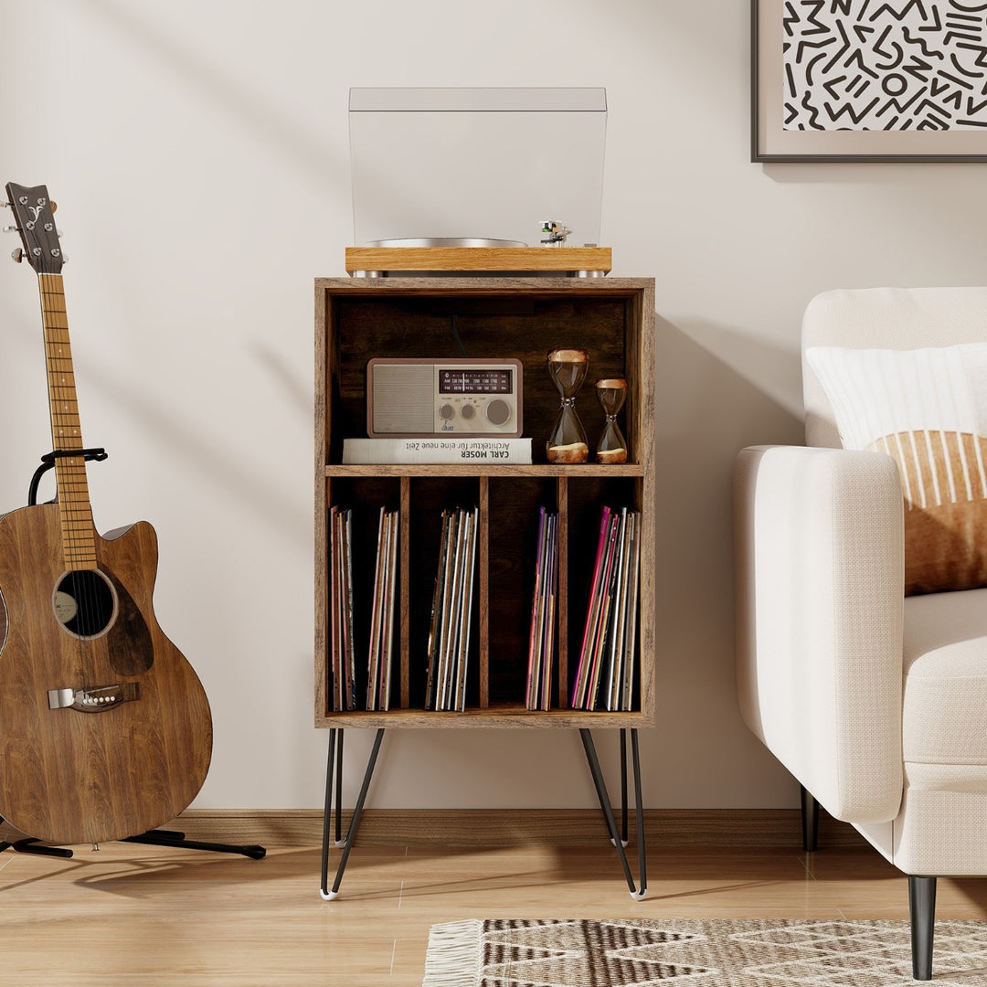 3 Tier Record Player Stand with Charging Station Shelf and 4 Dividers