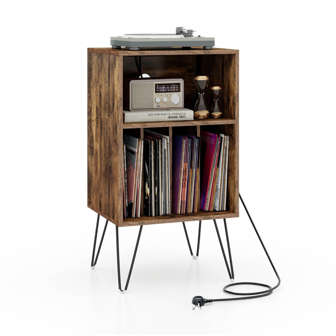 3 Tier Record Player Stand with Charging Station Shelf and 4 Dividers