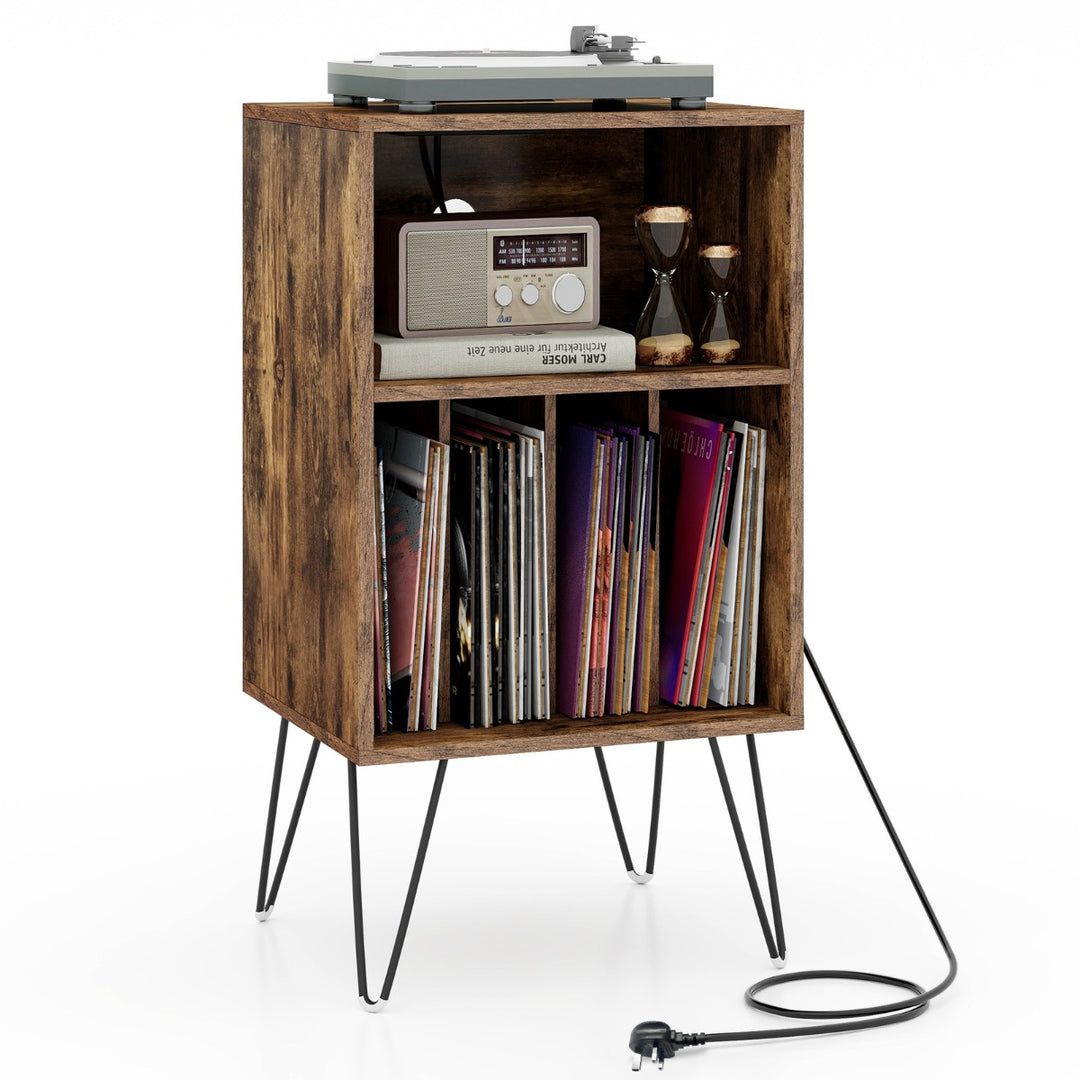 3 Tier Record Player Stand with Charging Station Shelf and 4 Dividers