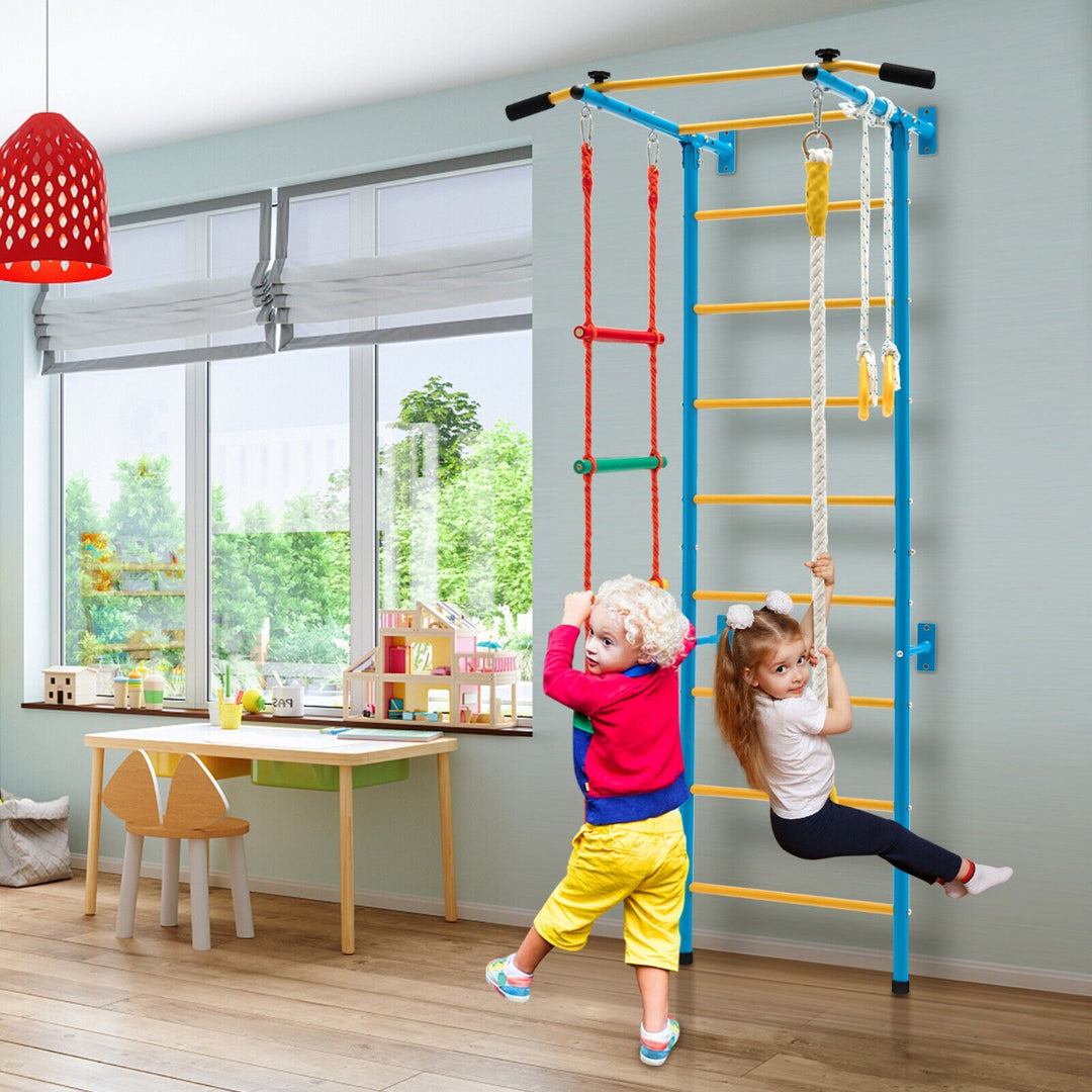 Swedish Ladder Set with Climbing Frame Pull up Bar Ropes and Rings - TidySpaces
