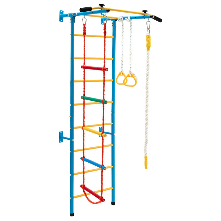 Swedish Ladder Set with Climbing Frame Pull up Bar Ropes and Rings Yellow Blue - TidySpaces