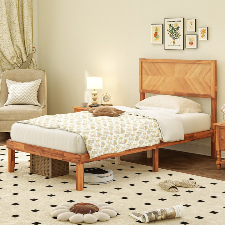 Mid-Century Acacia Wood Bed Frame with Headboard