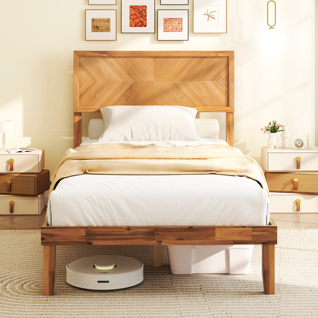 Mid-Century Acacia Wood Bed Frame with Headboard