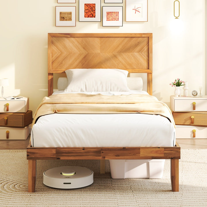 Mid-Century Acacia Wood Bed Frame with Headboard