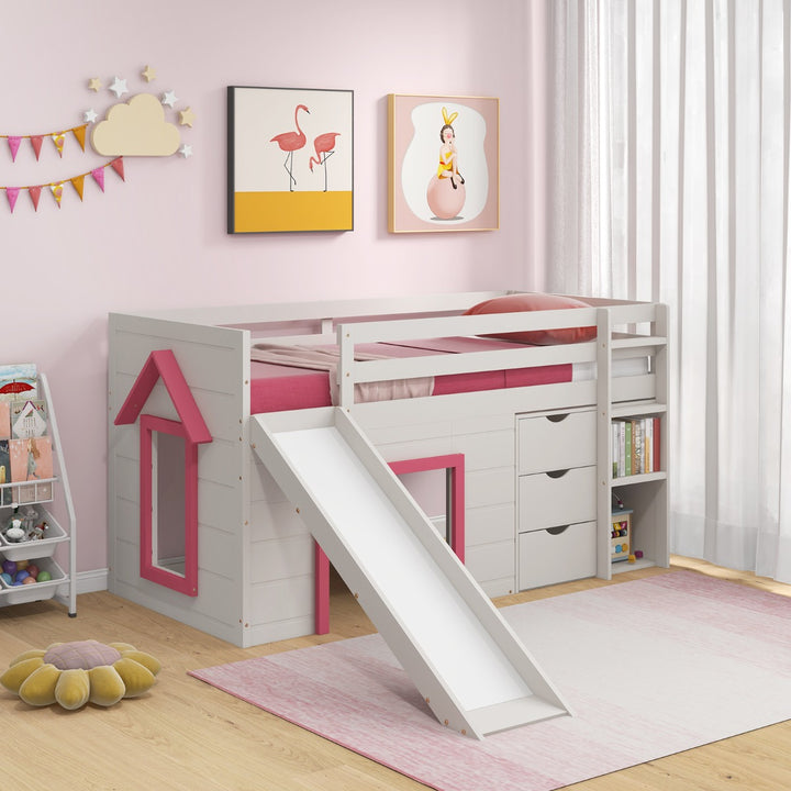 Single Size Pine Wood Loft Bed with Slide and Ladder and Game House