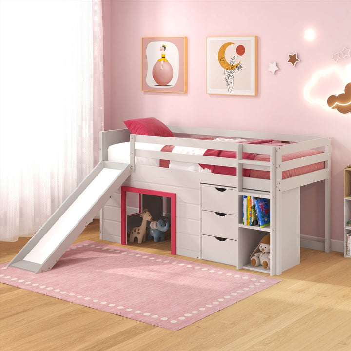 Single Size Pine Wood Loft Bed with Slide and Ladder and Game House