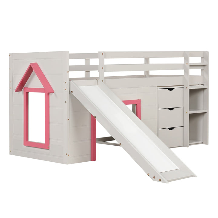 Single Size Pine Wood Loft Bed with Slide and Ladder and Game House