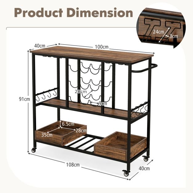 3 Tiers Bar Cart on Wheels with Glass Racks