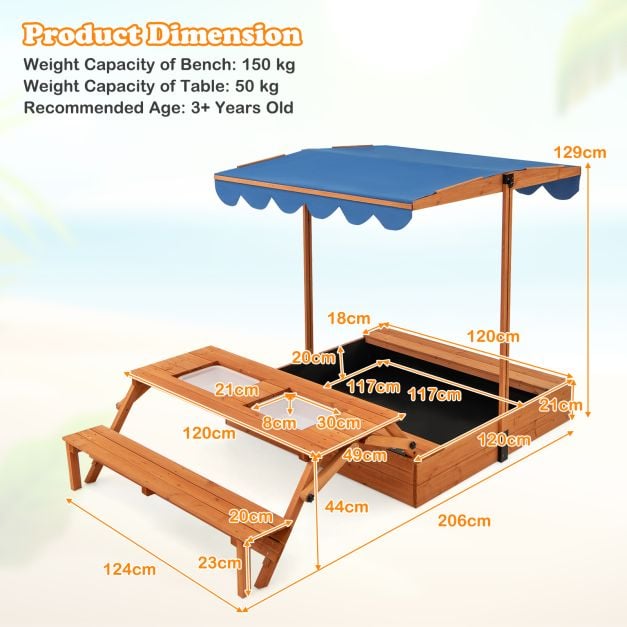 Kids Wooden Sand Box with Lid Cover and Bench-Blue
