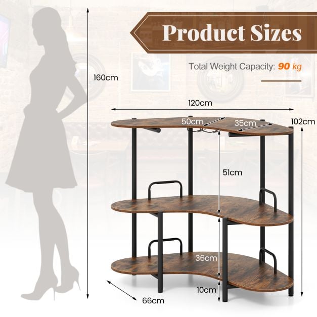 3-Tier Home Bar Unit with Stemware Racks and Storage Shelves-Rustic Brown