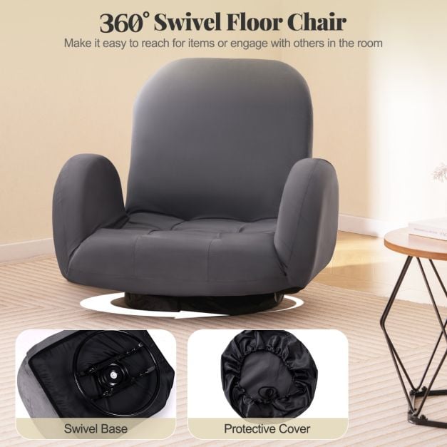 Swivel Floor Chair with Adjustable Backrest and Armrests in Grey