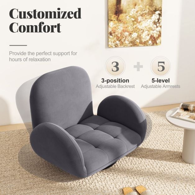 Swivel Floor Chair with Adjustable Backrest and Armrests in Grey
