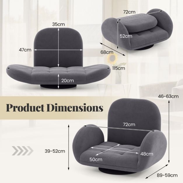 Swivel Floor Chair with Adjustable Backrest and Armrests in Grey