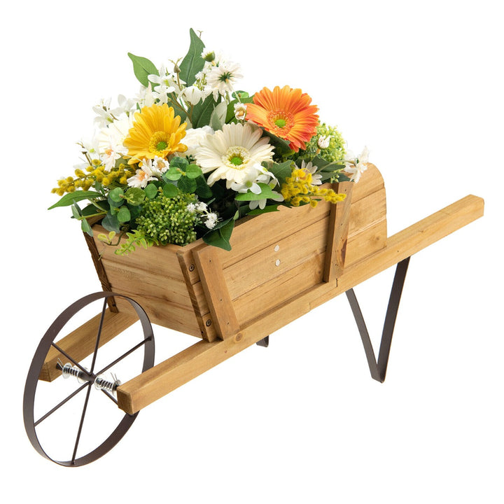 Wooden Wagon Planter Stand Wheelbarrow Flower Cart Garden Decoration-Coffee - TidySpaces