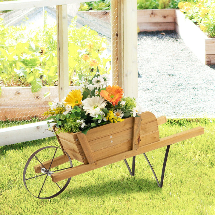 Wooden Wagon Planter Stand Wheelbarrow Flower Cart Garden Decoration-Coffee - TidySpaces