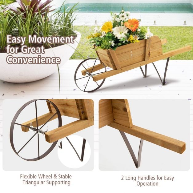 Wooden Planter Stand Wheelbarrow Flower Cart Garden Decoration