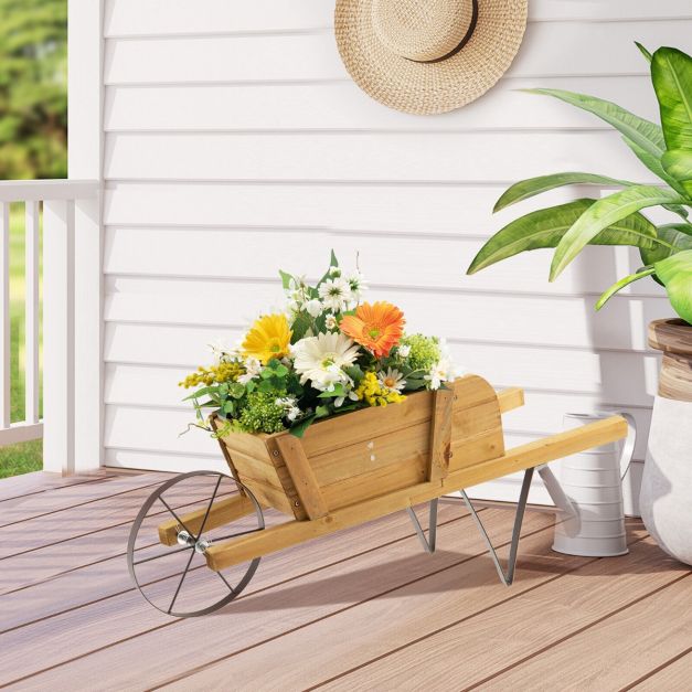 Wooden Planter Stand Wheelbarrow Flower Cart Garden Decoration