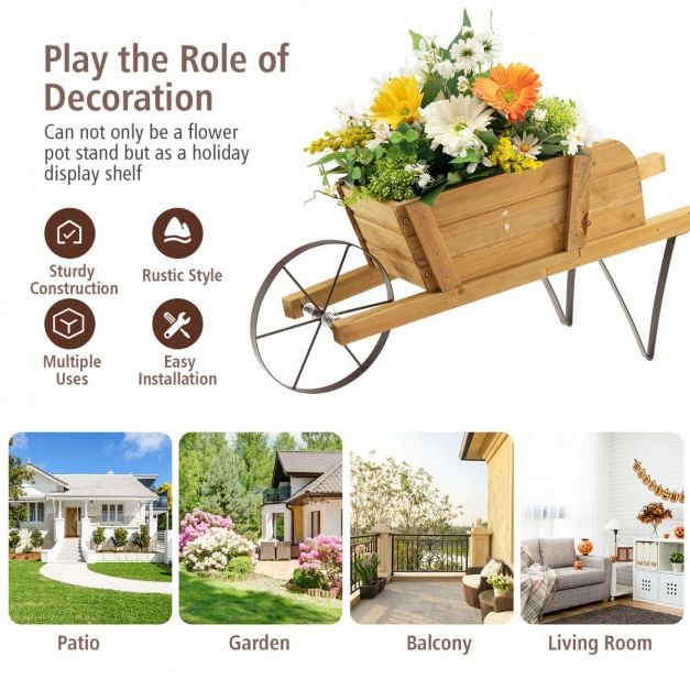 Wooden Planter Stand Wheelbarrow Flower Cart Garden Decoration