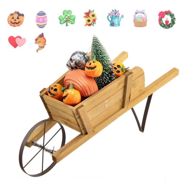 Wooden Planter Stand Wheelbarrow Flower Cart Garden Decoration