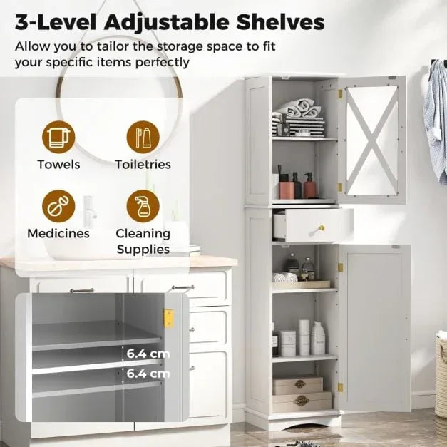 Tall Bathroom Cabinet with Drawer 2 Doors and 3 Adjustable Shelves-White - TidySpaces