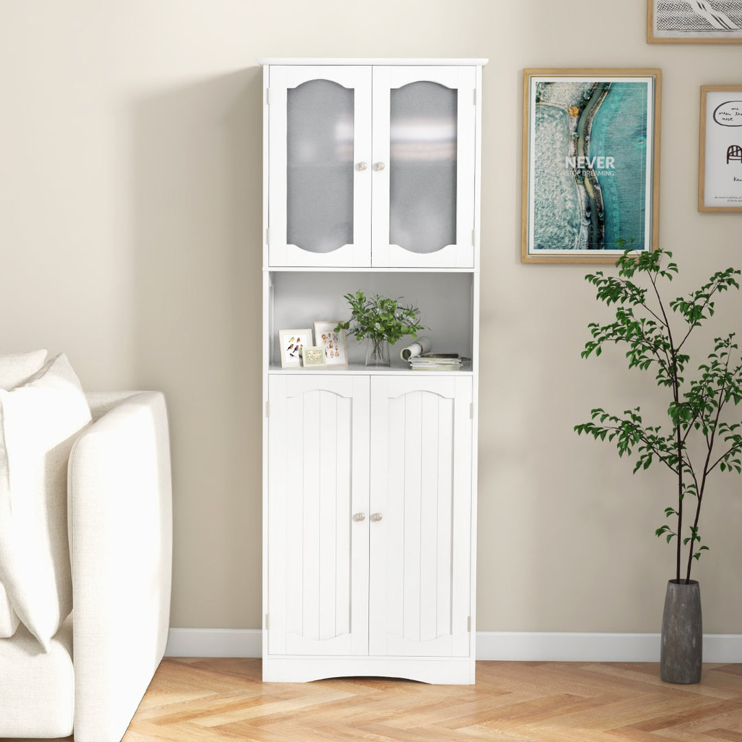 Tempered Glass Door Pantry Cabinet with 3-Position Adjustable Shelves-White - TidySpaces