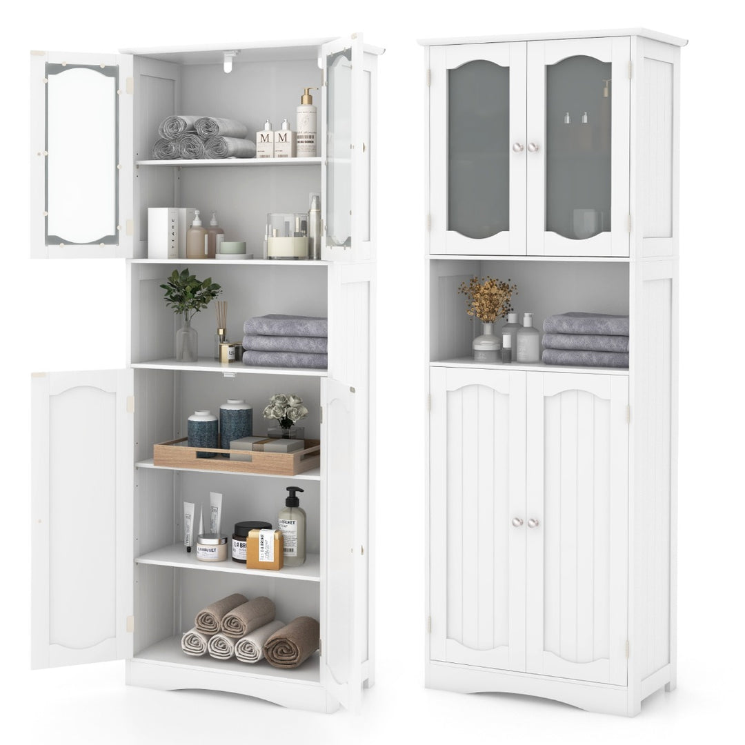 Tempered Glass Door Pantry Cabinet with 3-Position Adjustable Shelves-White - TidySpaces