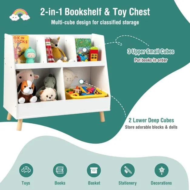 5-Cube Kids Bookshelf and Toy Organizer with Solid Wood Legs and Anti-Tipping Kits - TidySpaces