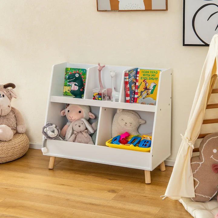 5-Cube Kids Bookshelf and Toy Organizer with Solid Wood Legs and Anti-Tipping Kits - TidySpaces