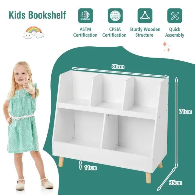 5-Cube Kids Bookshelf and Toy Organizer with Solid Wood Legs and Anti-Tipping Kits - TidySpaces