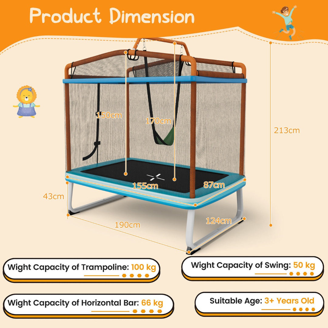 190CM 3 in 1 Kids Rectangle Trampoline with Enclosure Net and Horizontal Bar